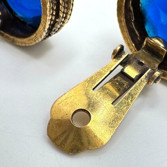 Cobalt Blue Earrings Vintage Crystal Textured Gold Tone Round Clip-On - Picture 8 of 13